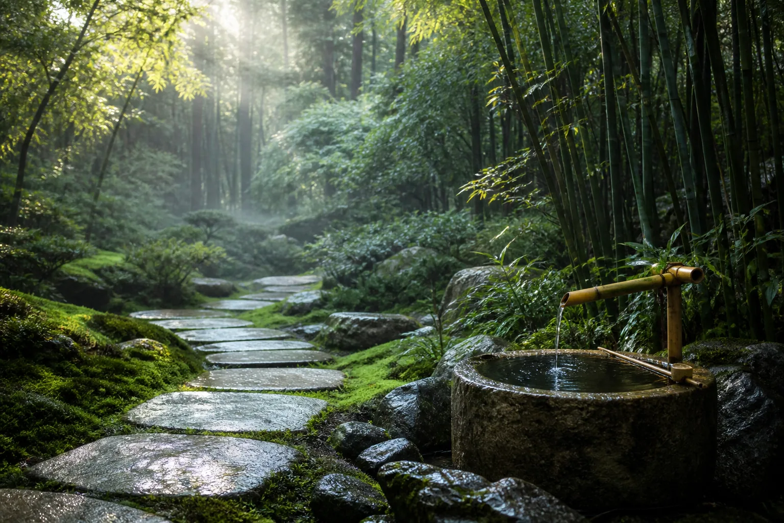 竹林石径与水钵